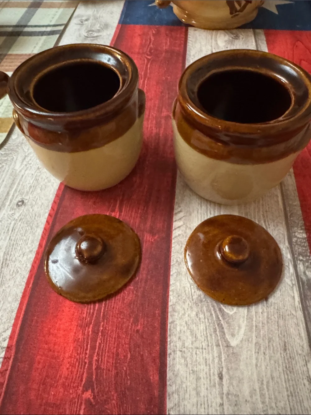 Set of 2 Vintage Two-Tone Ceramic Honey Jars